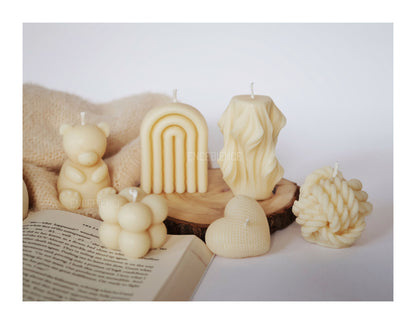 Set of 6 - Scented Sitting Teddy Bear, Rainbow Arch, Tree Root Geometry Wave, Mini Bubble, Mini Knit Heart, Thread Wool Ball Candle